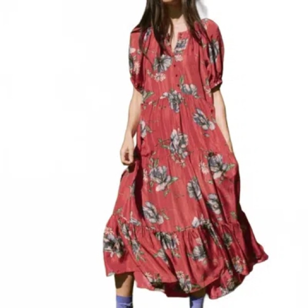 THE GREAT. Red Floral Button-Up Dress